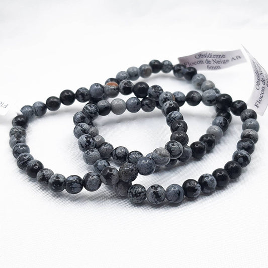 Bracelet Boule 06mm OBSIDIENNE FLOCON DE NEIGE