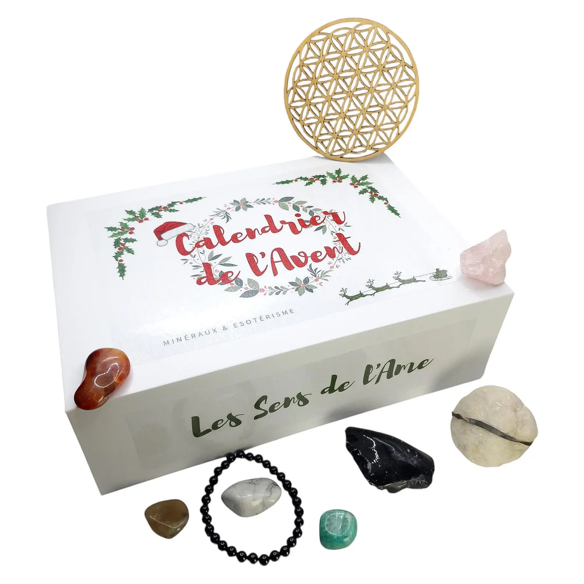 Coffret aimanté du calendrier de l'Avent pierres naturelles et ésotérisme, vue de face