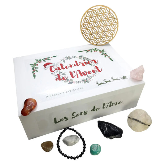 Coffret aimanté du calendrier de l'Avent pierres naturelles et ésotérisme, vue de face