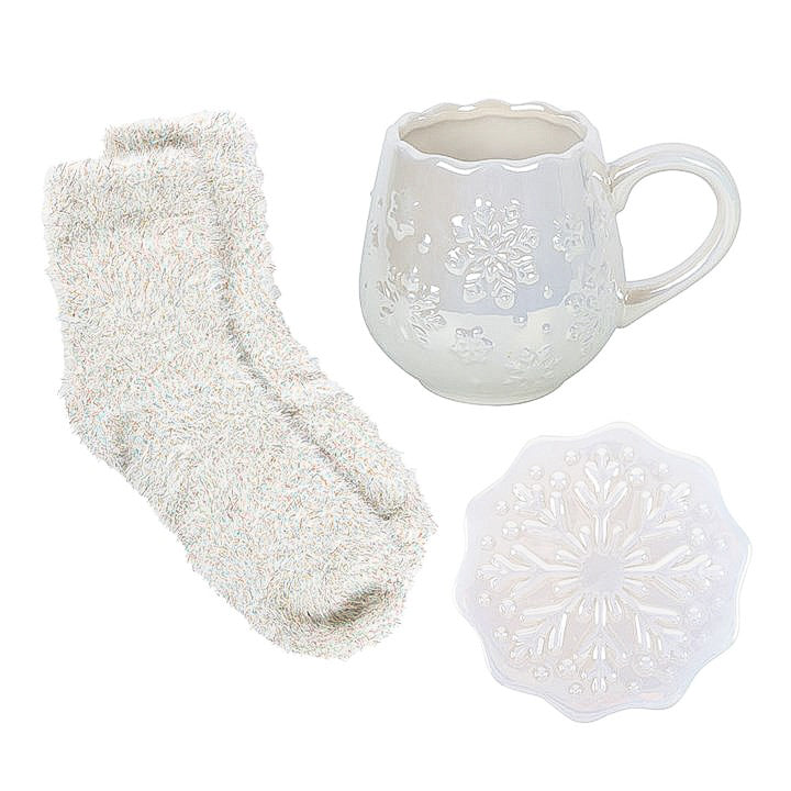 Tasse Flocon de Neige Irisé avec Dessous de Verre & Chaussettes