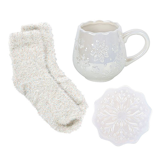 Tasse Flocon de Neige Irisé avec Dessous de Verre & Chaussettes