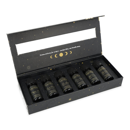 Six flacons d’huiles parfumées aux senteurs mystiques, 10 ml chacun